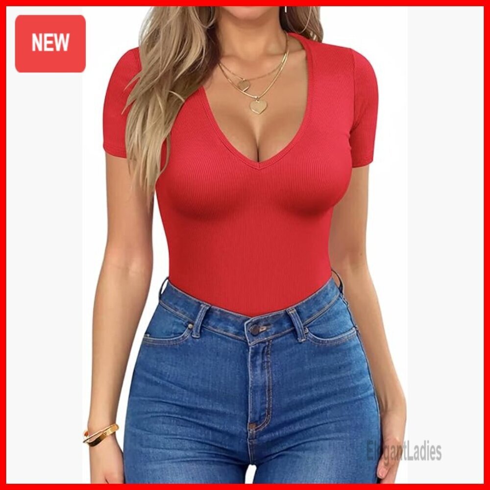 Deep V Neck Ribbed Knit Tee Slim Fit Stretchy Summer Top